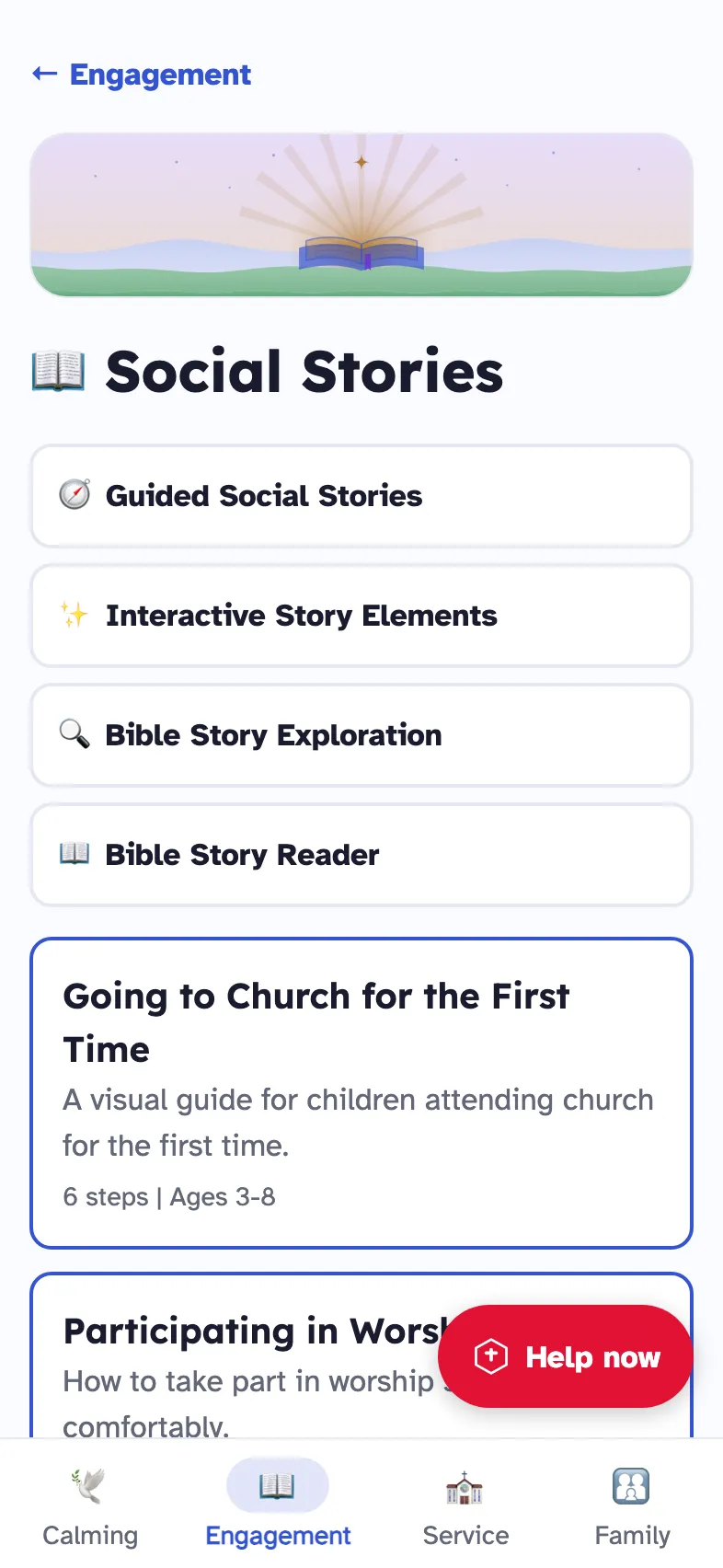 Social Stories listing Guided Social Stories, Bible Story Reader and the story Going to Church for the First Time.