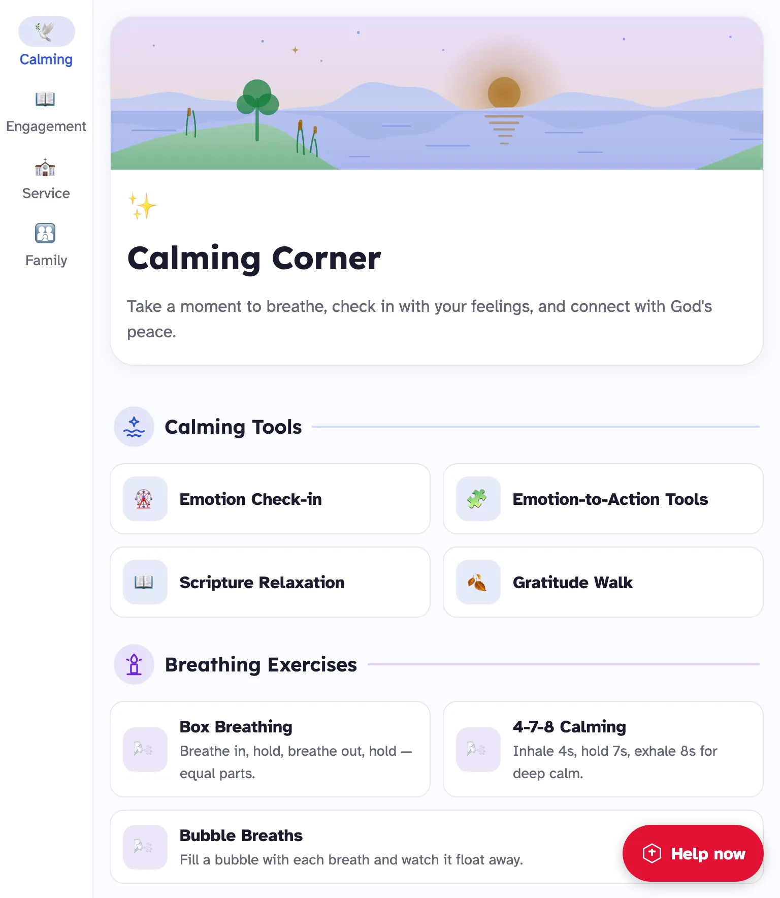 Calming Corner on the same phone unfolded: the tabs move to a rail at the side and the tools sit in columns.